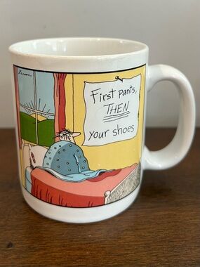 The Far Side Gary Larson “First Pants, Then Your Shoes” Mug 1983 Taiwan Vintage.